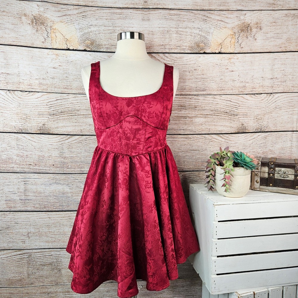 NWT Altar'd State Amelia Rumba Red Jacquard Fit & Flare Mini Dress Bow Small NWT
